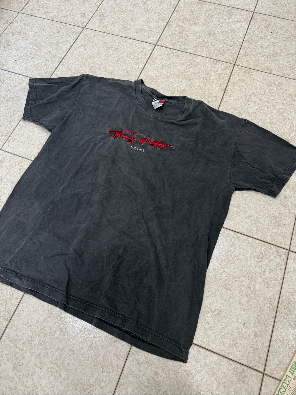 Tommy Hilfiger Vintage Black T-Shirt with Red Script Logo
